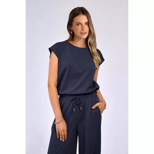 imagePRETTYGARDEN Womens Summer 2 Piece Tracksuit Outfit Casual Cap Sleeve Tops High Waist Pants Set LoungewearDark Blue