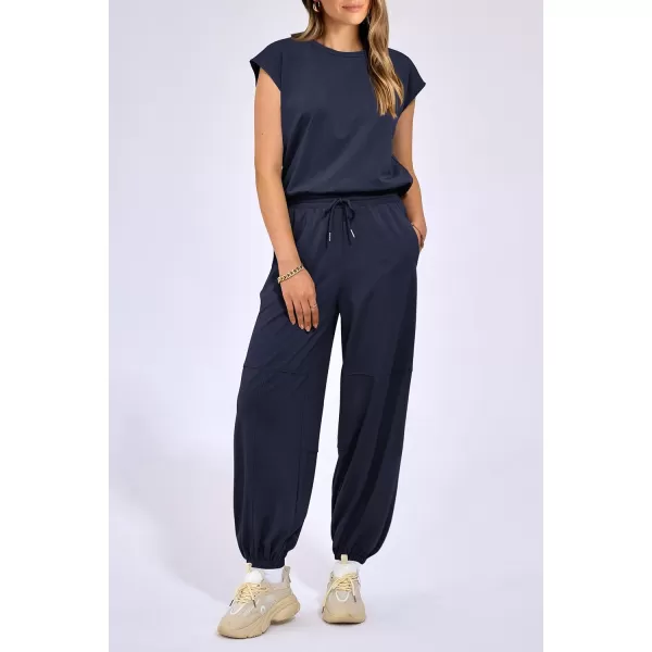 imagePRETTYGARDEN Womens Summer 2 Piece Tracksuit Outfit Casual Cap Sleeve Tops High Waist Pants Set LoungewearDark Blue