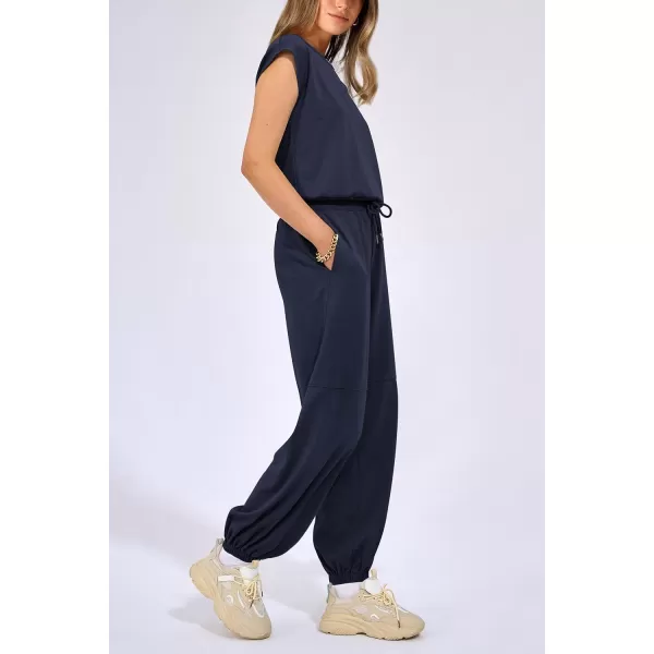 imagePRETTYGARDEN Womens Summer 2 Piece Tracksuit Outfit Casual Cap Sleeve Tops High Waist Pants Set LoungewearDark Blue