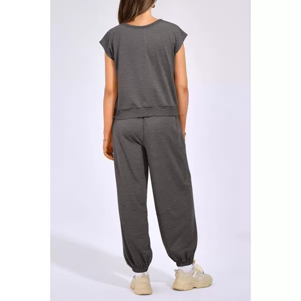 imagePRETTYGARDEN Womens Summer 2 Piece Tracksuit Outfit Casual Cap Sleeve Tops High Waist Pants Set LoungewearDark Grey
