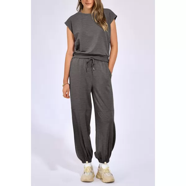imagePRETTYGARDEN Womens Summer 2 Piece Tracksuit Outfit Casual Cap Sleeve Tops High Waist Pants Set LoungewearDark Grey