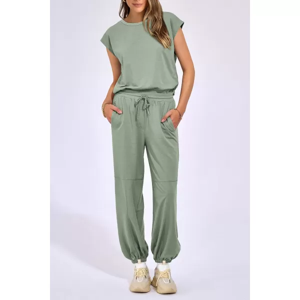 imagePRETTYGARDEN Womens Summer 2 Piece Tracksuit Outfit Casual Cap Sleeve Tops High Waist Pants Set LoungewearLight Green