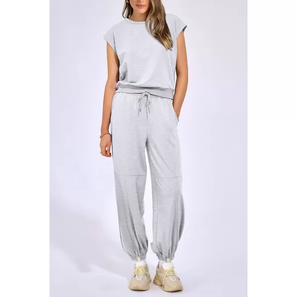 imagePRETTYGARDEN Womens Summer 2 Piece Tracksuit Outfit Casual Cap Sleeve Tops High Waist Pants Set LoungewearLight Grey
