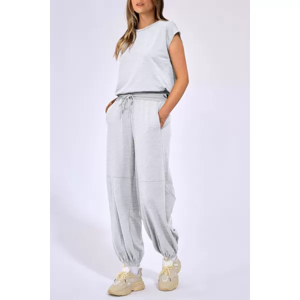 imagePRETTYGARDEN Womens Summer 2 Piece Tracksuit Outfit Casual Cap Sleeve Tops High Waist Pants Set LoungewearLight Grey