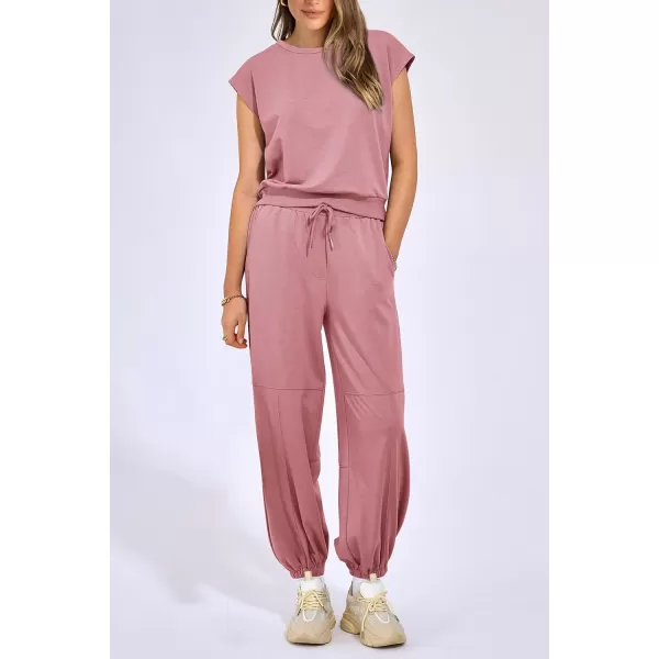imagePRETTYGARDEN Womens Summer 2 Piece Tracksuit Outfit Casual Cap Sleeve Tops High Waist Pants Set LoungewearLight Pink
