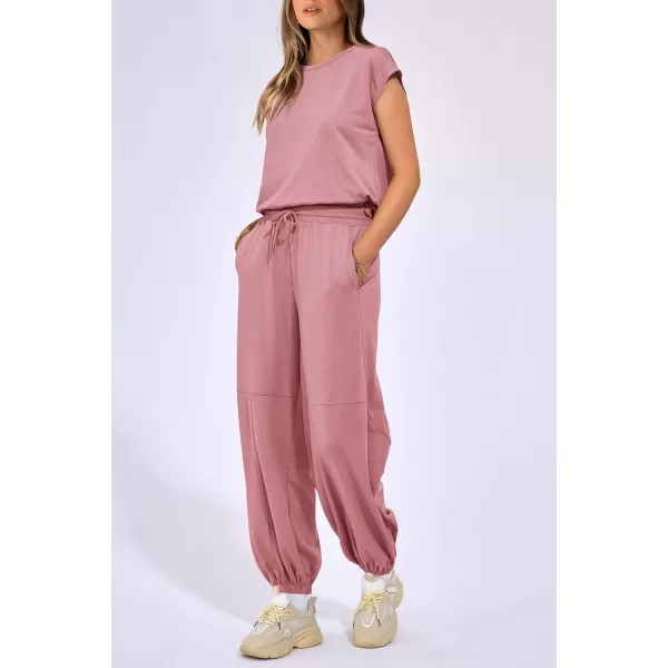 imagePRETTYGARDEN Womens Summer 2 Piece Tracksuit Outfit Casual Cap Sleeve Tops High Waist Pants Set LoungewearLight Pink