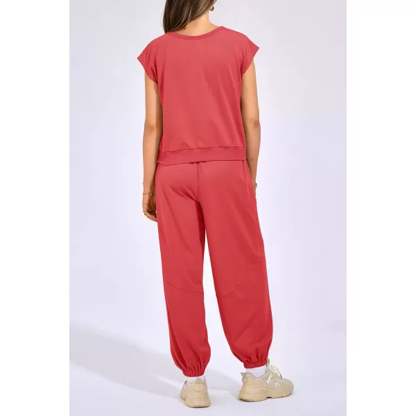 imagePRETTYGARDEN Womens Summer 2 Piece Tracksuit Outfit Casual Cap Sleeve Tops High Waist Pants Set LoungewearPeach Red