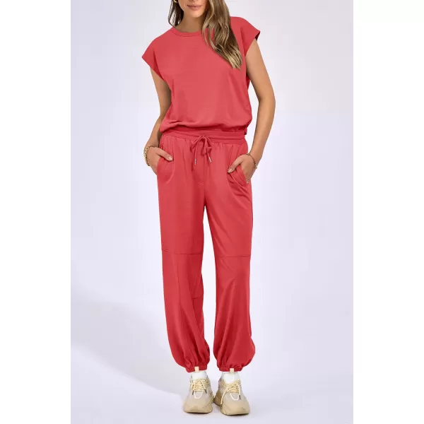 imagePRETTYGARDEN Womens Summer 2 Piece Tracksuit Outfit Casual Cap Sleeve Tops High Waist Pants Set LoungewearPeach Red
