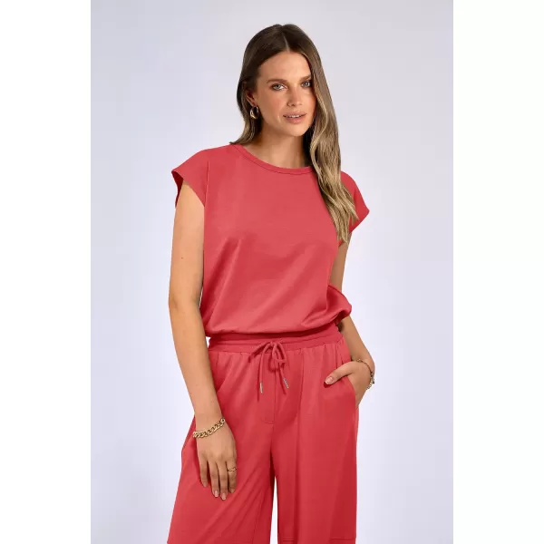 imagePRETTYGARDEN Womens Summer 2 Piece Tracksuit Outfit Casual Cap Sleeve Tops High Waist Pants Set LoungewearPeach Red