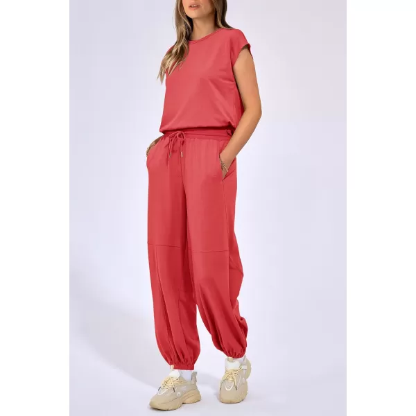 imagePRETTYGARDEN Womens Summer 2 Piece Tracksuit Outfit Casual Cap Sleeve Tops High Waist Pants Set LoungewearPeach Red