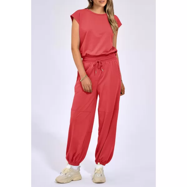 imagePRETTYGARDEN Womens Summer 2 Piece Tracksuit Outfit Casual Cap Sleeve Tops High Waist Pants Set LoungewearPeach Red