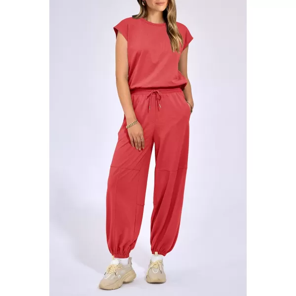 imagePRETTYGARDEN Womens Summer 2 Piece Tracksuit Outfit Casual Cap Sleeve Tops High Waist Pants Set LoungewearPeach Red