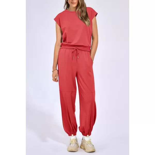 imagePRETTYGARDEN Womens Summer 2 Piece Tracksuit Outfit Casual Cap Sleeve Tops High Waist Pants Set LoungewearPeach Red