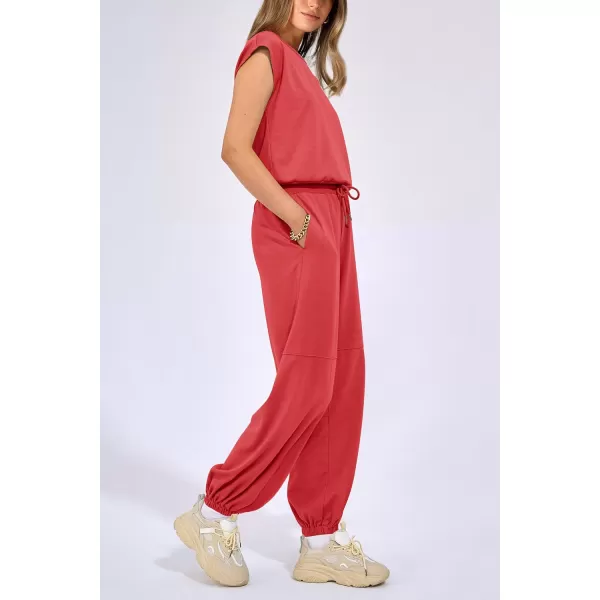 imagePRETTYGARDEN Womens Summer 2 Piece Tracksuit Outfit Casual Cap Sleeve Tops High Waist Pants Set LoungewearPeach Red