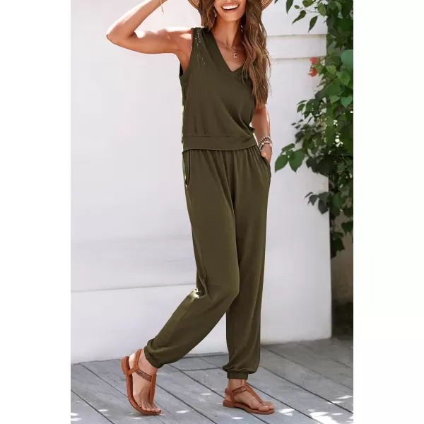 imagePRETTYGARDEN Womens Summer 2 Piece Tracksuit V Neck Tank Top Jogger Sweatpants Set Casual Lounge OutfitsArmy Green