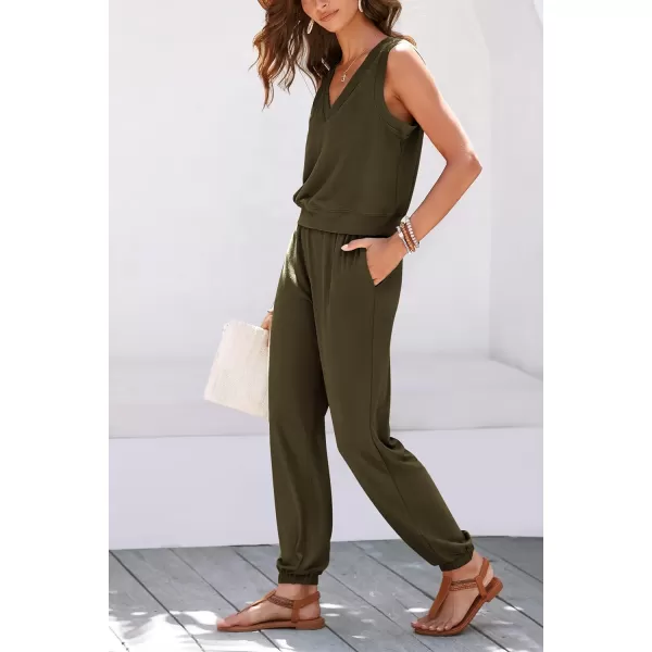 imagePRETTYGARDEN Womens Summer 2 Piece Tracksuit V Neck Tank Top Jogger Sweatpants Set Casual Lounge OutfitsArmy Green