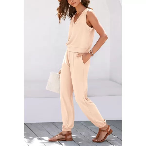 imagePRETTYGARDEN Womens Summer 2 Piece Tracksuit V Neck Tank Top Jogger Sweatpants Set Casual Lounge OutfitsBeige