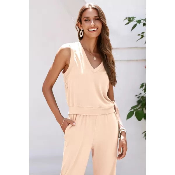 imagePRETTYGARDEN Womens Summer 2 Piece Tracksuit V Neck Tank Top Jogger Sweatpants Set Casual Lounge OutfitsBeige