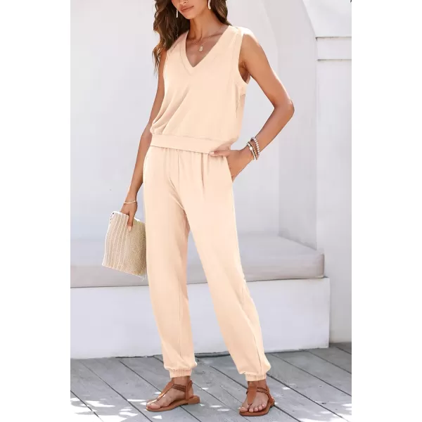 imagePRETTYGARDEN Womens Summer 2 Piece Tracksuit V Neck Tank Top Jogger Sweatpants Set Casual Lounge OutfitsBeige