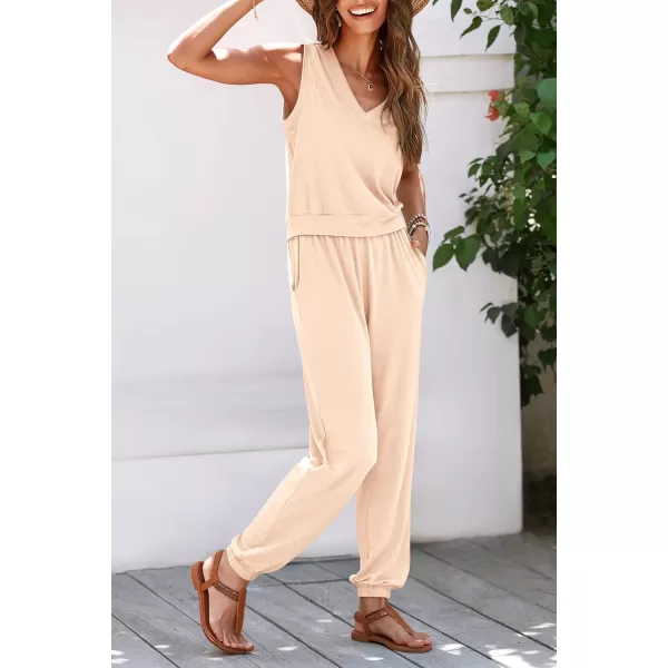imagePRETTYGARDEN Womens Summer 2 Piece Tracksuit V Neck Tank Top Jogger Sweatpants Set Casual Lounge OutfitsBeige