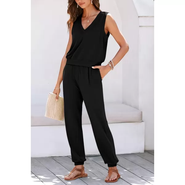 imagePRETTYGARDEN Womens Summer 2 Piece Tracksuit V Neck Tank Top Jogger Sweatpants Set Casual Lounge OutfitsBlack