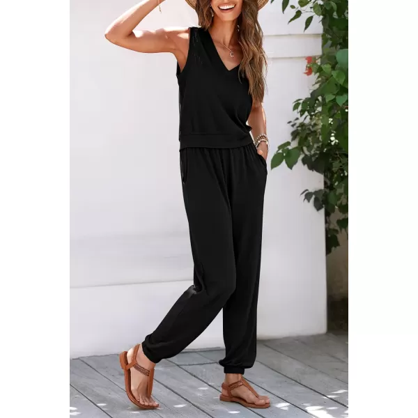 imagePRETTYGARDEN Womens Summer 2 Piece Tracksuit V Neck Tank Top Jogger Sweatpants Set Casual Lounge OutfitsBlack