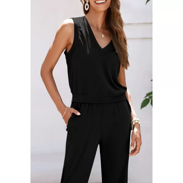imagePRETTYGARDEN Womens Summer 2 Piece Tracksuit V Neck Tank Top Jogger Sweatpants Set Casual Lounge OutfitsBlack