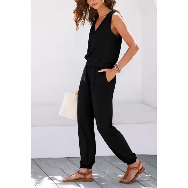 imagePRETTYGARDEN Womens Summer 2 Piece Tracksuit V Neck Tank Top Jogger Sweatpants Set Casual Lounge OutfitsBlack