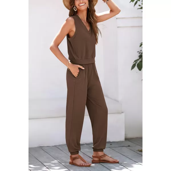 imagePRETTYGARDEN Womens Summer 2 Piece Tracksuit V Neck Tank Top Jogger Sweatpants Set Casual Lounge OutfitsCoffee