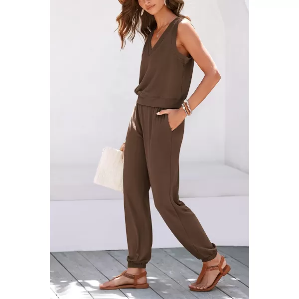 imagePRETTYGARDEN Womens Summer 2 Piece Tracksuit V Neck Tank Top Jogger Sweatpants Set Casual Lounge OutfitsCoffee