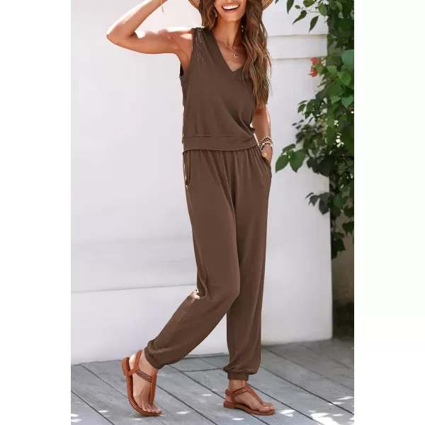 imagePRETTYGARDEN Womens Summer 2 Piece Tracksuit V Neck Tank Top Jogger Sweatpants Set Casual Lounge OutfitsCoffee