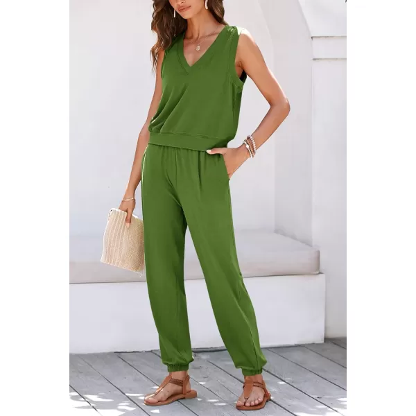 imagePRETTYGARDEN Womens Summer 2 Piece Tracksuit V Neck Tank Top Jogger Sweatpants Set Casual Lounge OutfitsGreen