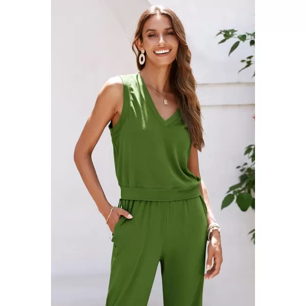 imagePRETTYGARDEN Womens Summer 2 Piece Tracksuit V Neck Tank Top Jogger Sweatpants Set Casual Lounge OutfitsGreen
