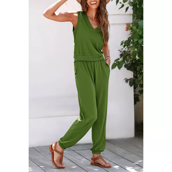imagePRETTYGARDEN Womens Summer 2 Piece Tracksuit V Neck Tank Top Jogger Sweatpants Set Casual Lounge OutfitsGreen