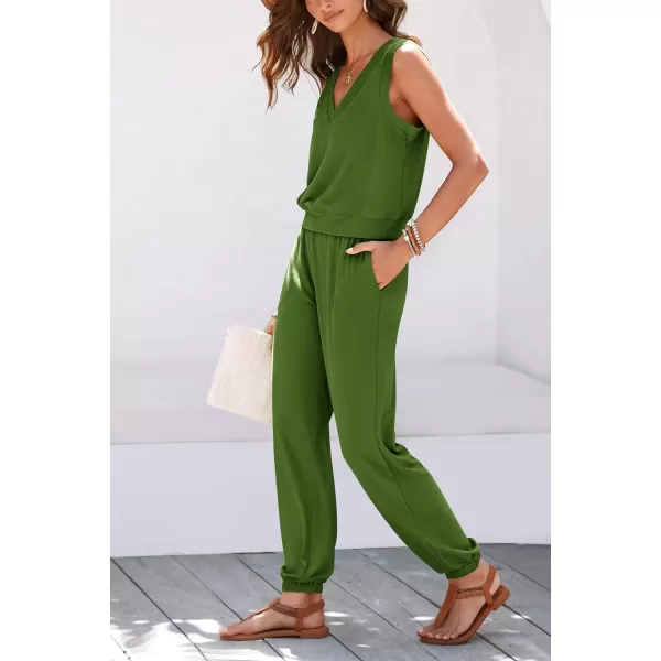 imagePRETTYGARDEN Womens Summer 2 Piece Tracksuit V Neck Tank Top Jogger Sweatpants Set Casual Lounge OutfitsGreen