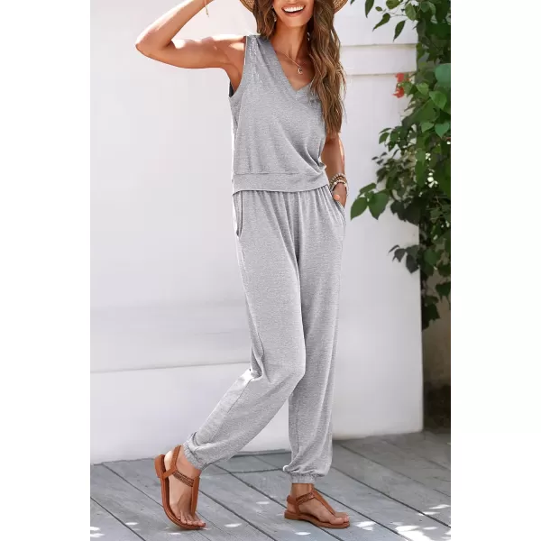 imagePRETTYGARDEN Womens Summer 2 Piece Tracksuit V Neck Tank Top Jogger Sweatpants Set Casual Lounge OutfitsGrey