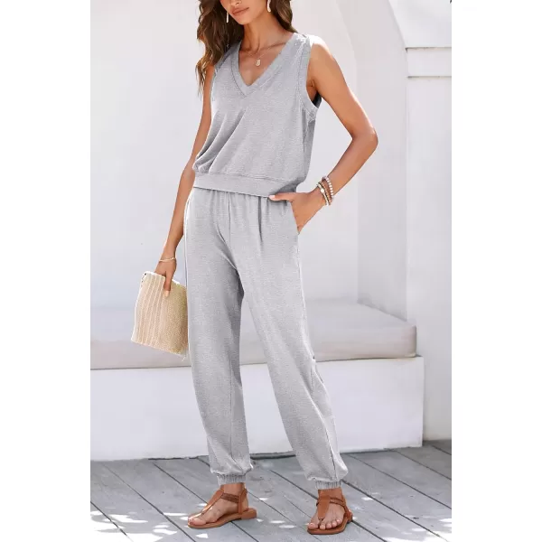 imagePRETTYGARDEN Womens Summer 2 Piece Tracksuit V Neck Tank Top Jogger Sweatpants Set Casual Lounge OutfitsGrey