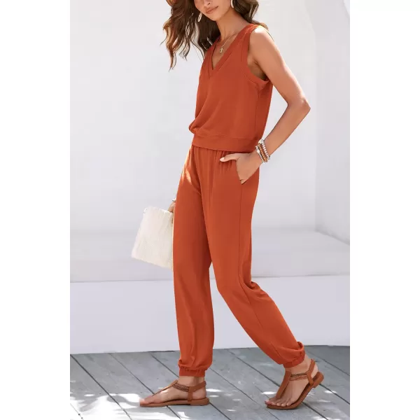 imagePRETTYGARDEN Womens Summer 2 Piece Tracksuit V Neck Tank Top Jogger Sweatpants Set Casual Lounge OutfitsOrange