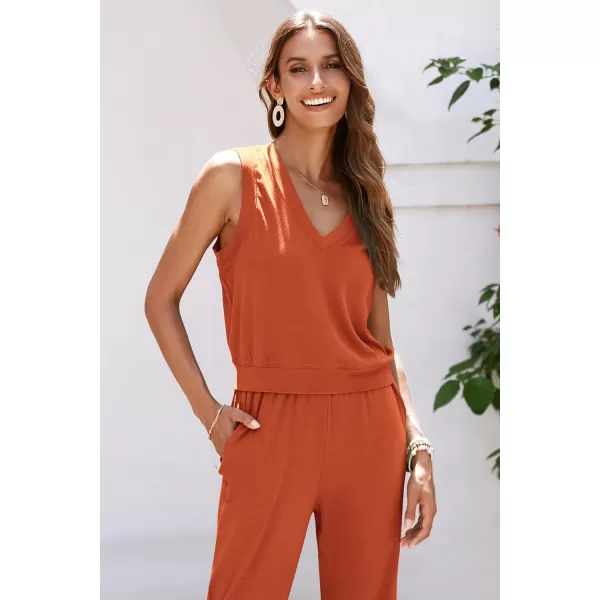 imagePRETTYGARDEN Womens Summer 2 Piece Tracksuit V Neck Tank Top Jogger Sweatpants Set Casual Lounge OutfitsOrange