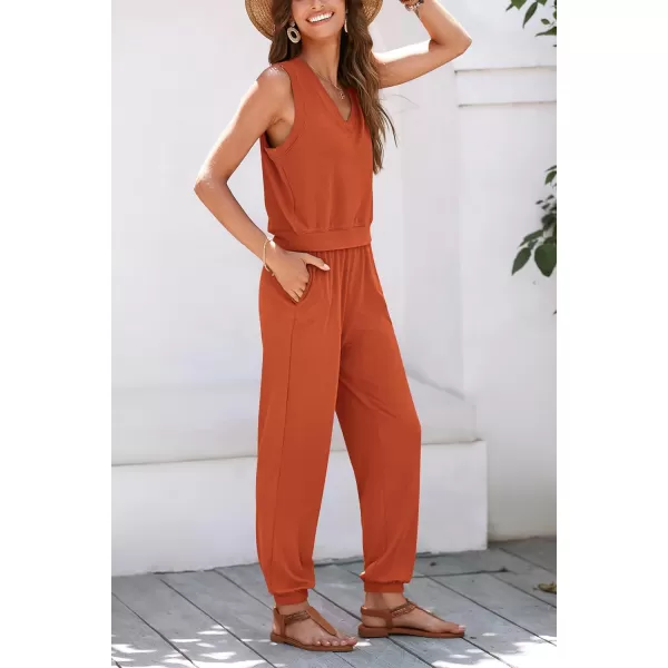 imagePRETTYGARDEN Womens Summer 2 Piece Tracksuit V Neck Tank Top Jogger Sweatpants Set Casual Lounge OutfitsOrange