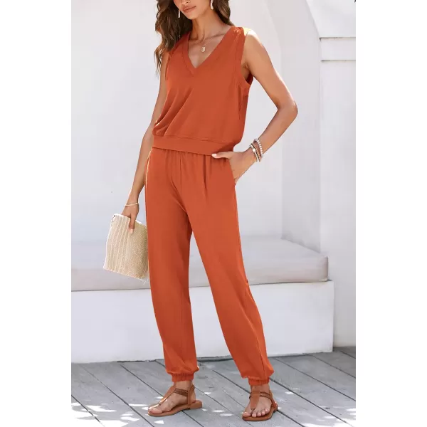 imagePRETTYGARDEN Womens Summer 2 Piece Tracksuit V Neck Tank Top Jogger Sweatpants Set Casual Lounge OutfitsOrange