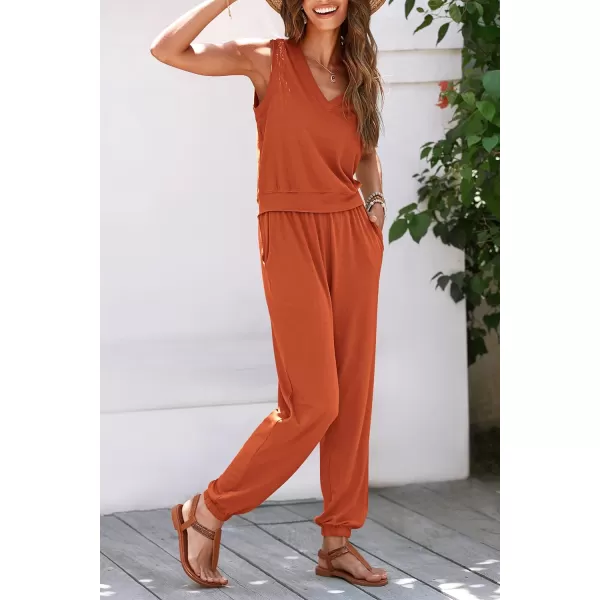 imagePRETTYGARDEN Womens Summer 2 Piece Tracksuit V Neck Tank Top Jogger Sweatpants Set Casual Lounge OutfitsOrange