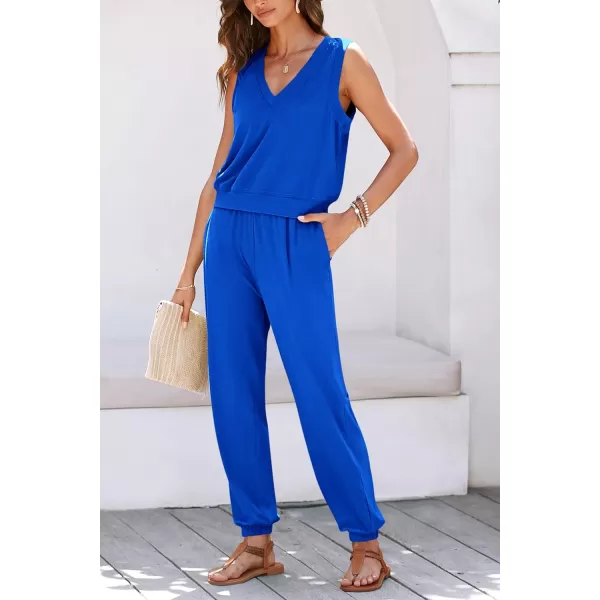 imagePRETTYGARDEN Womens Summer 2 Piece Tracksuit V Neck Tank Top Jogger Sweatpants Set Casual Lounge OutfitsRoyal Blue