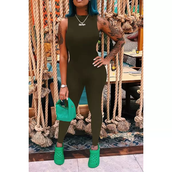imagePRETTYGARDEN Womens Summer Bodycon Jumpsuits Casual Sleeveless One Piece Stretchy Tank Slim Fit RomperPants Army Green