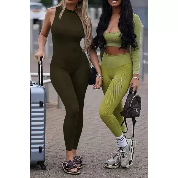 imagePRETTYGARDEN Womens Summer Bodycon Jumpsuits Casual Sleeveless One Piece Stretchy Tank Slim Fit RomperPants Army Green