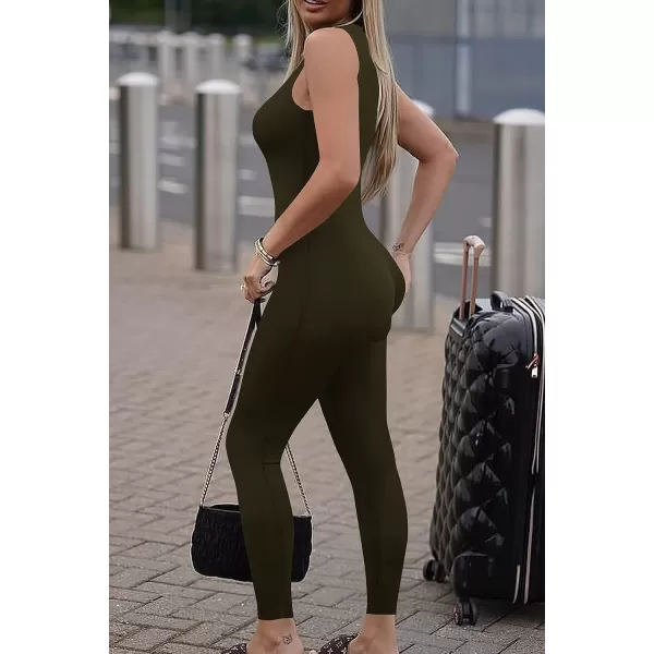 imagePRETTYGARDEN Womens Summer Bodycon Jumpsuits Casual Sleeveless One Piece Stretchy Tank Slim Fit RomperPants Army Green