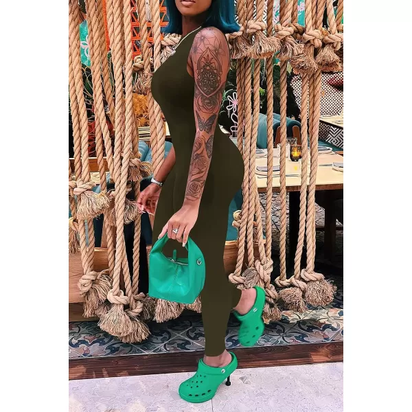 imagePRETTYGARDEN Womens Summer Bodycon Jumpsuits Casual Sleeveless One Piece Stretchy Tank Slim Fit RomperPants Army Green