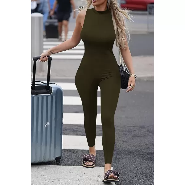 imagePRETTYGARDEN Womens Summer Bodycon Jumpsuits Casual Sleeveless One Piece Stretchy Tank Slim Fit RomperPants Army Green