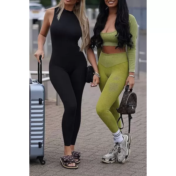 imagePRETTYGARDEN Womens Summer Bodycon Jumpsuits Casual Sleeveless One Piece Stretchy Tank Slim Fit RomperPants Black