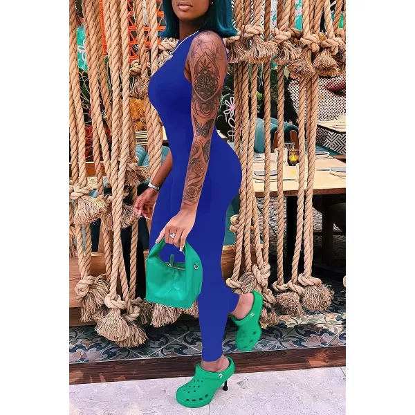 imagePRETTYGARDEN Womens Summer Bodycon Jumpsuits Casual Sleeveless One Piece Stretchy Tank Slim Fit RomperPants Blue